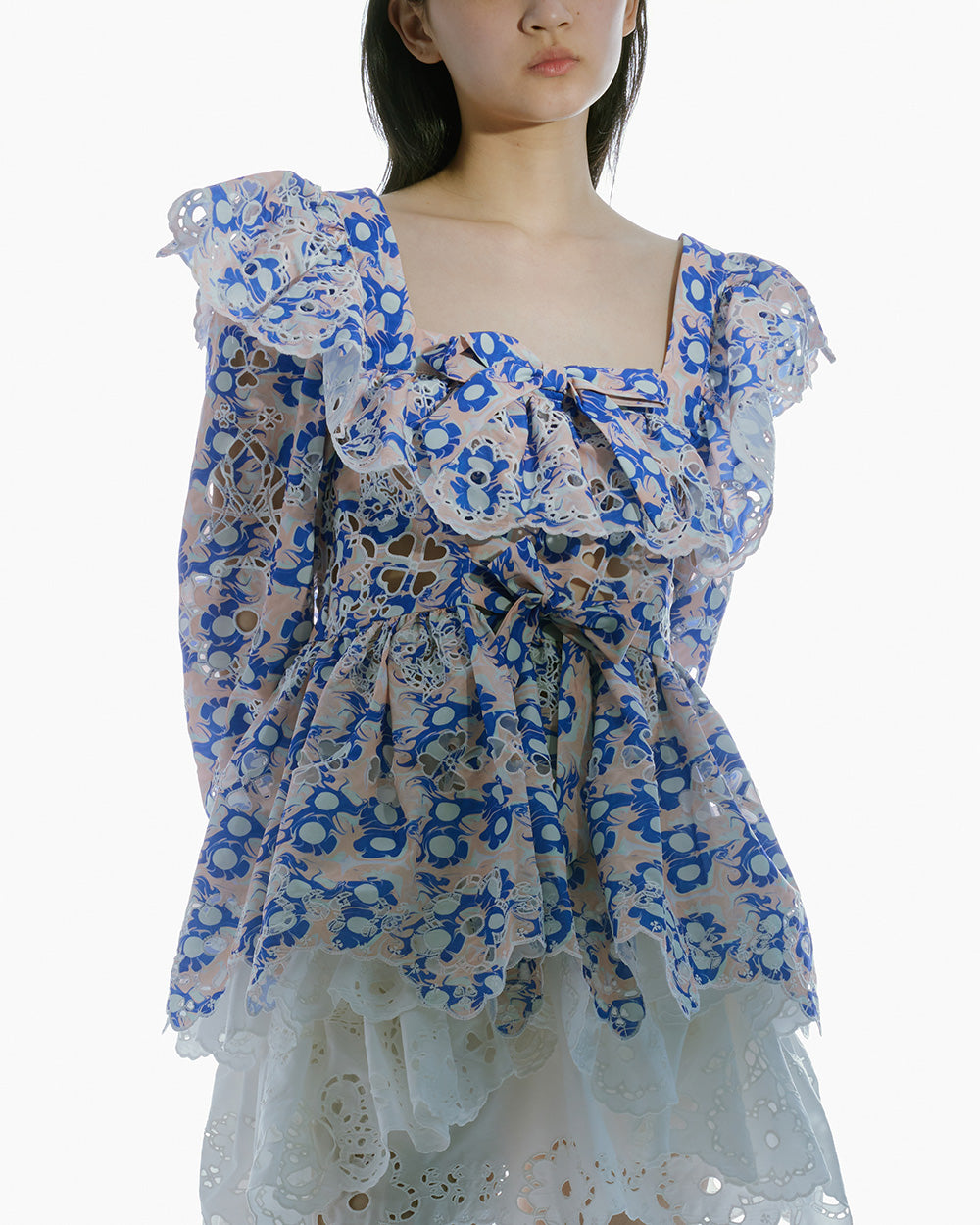 WOMAN LONG SLEEVE STYLE RUFFLED PRINTED BOW BLOUSE BLUE 