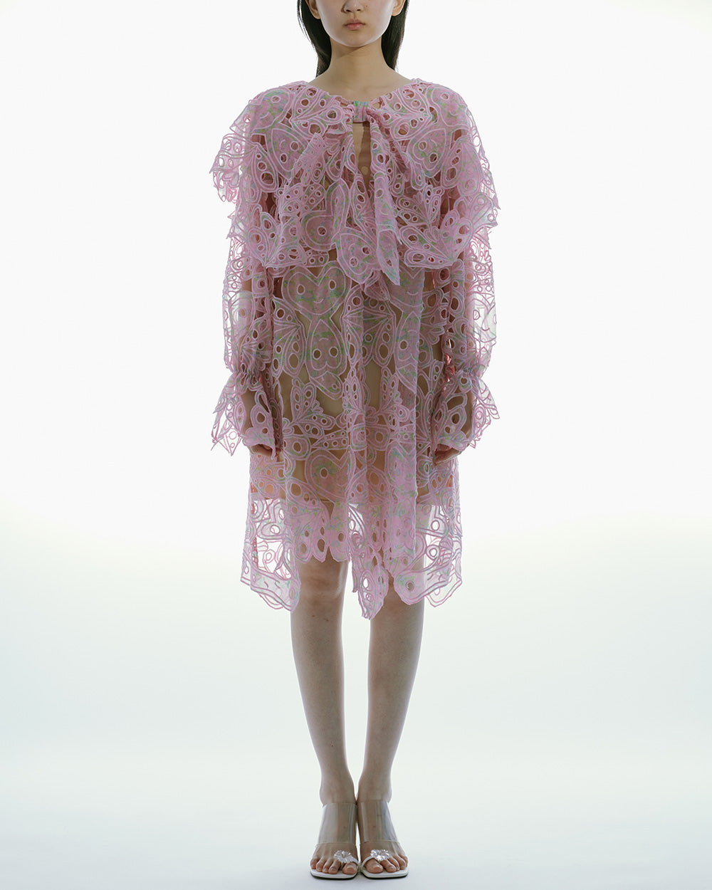 WOMEN LONG SLEEVE STYLE PRINTED BRODERIE-ANGLAIS SHIRT DRESS PINK