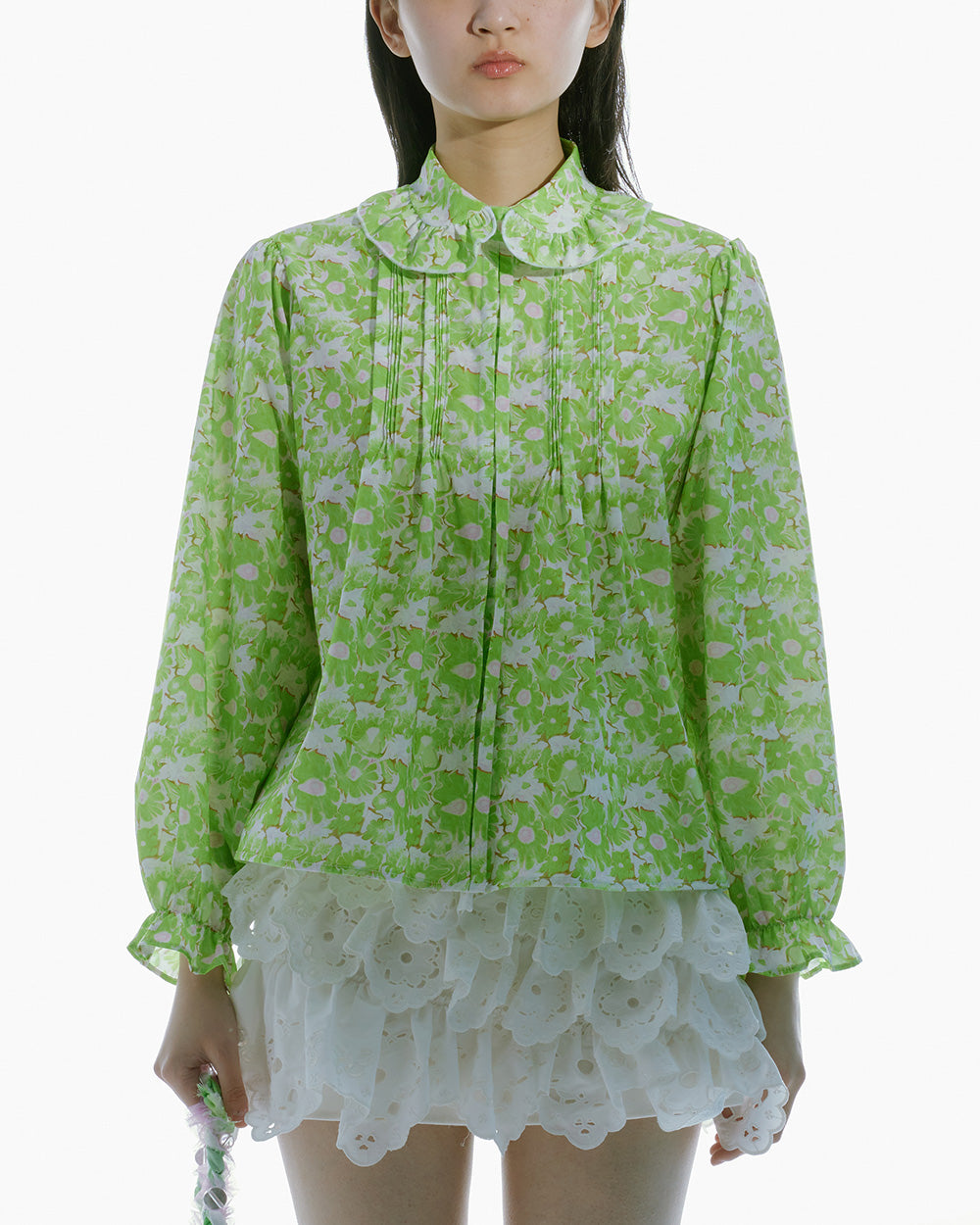 WOMEN STYE LONG SLEEVE PRINTED FRILL COLLAR BLOUSE GREEN