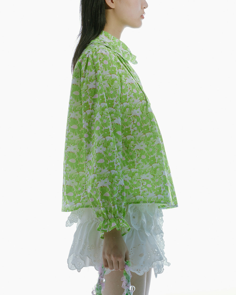 WOMEN STYE LONG SLEEVE PRINTED FRILL COLLAR BLOUSE GREEN