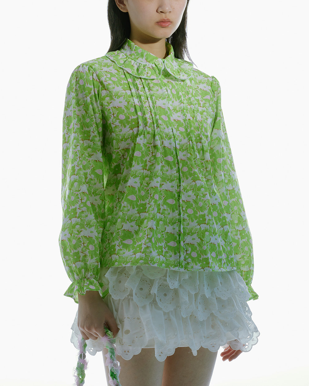 WOMEN STYE LONG SLEEVE PRINTED FRILL COLLAR BLOUSE GREEN