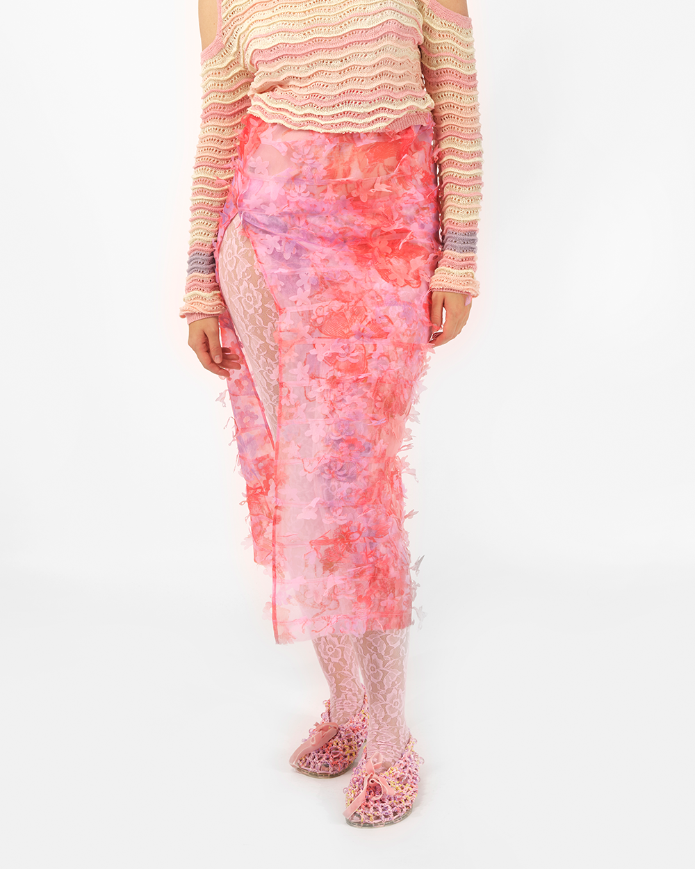 PINK WOMEN PRINTED LASER-CUT FLORAL MIDI LONG SKIRT