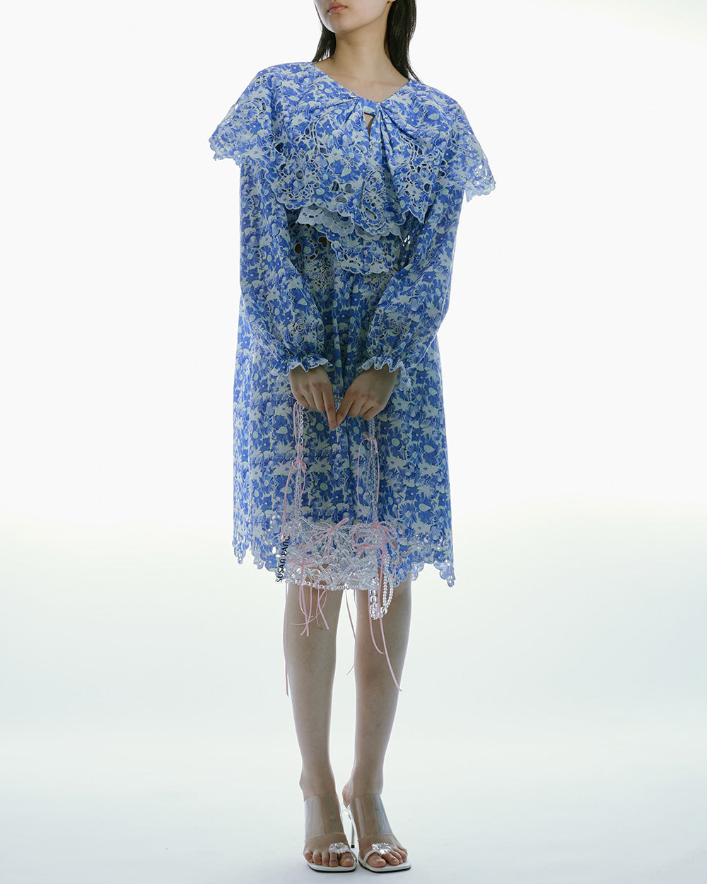 WOMEN BLUE RUFFLED PRINTED SHIRT DRESS