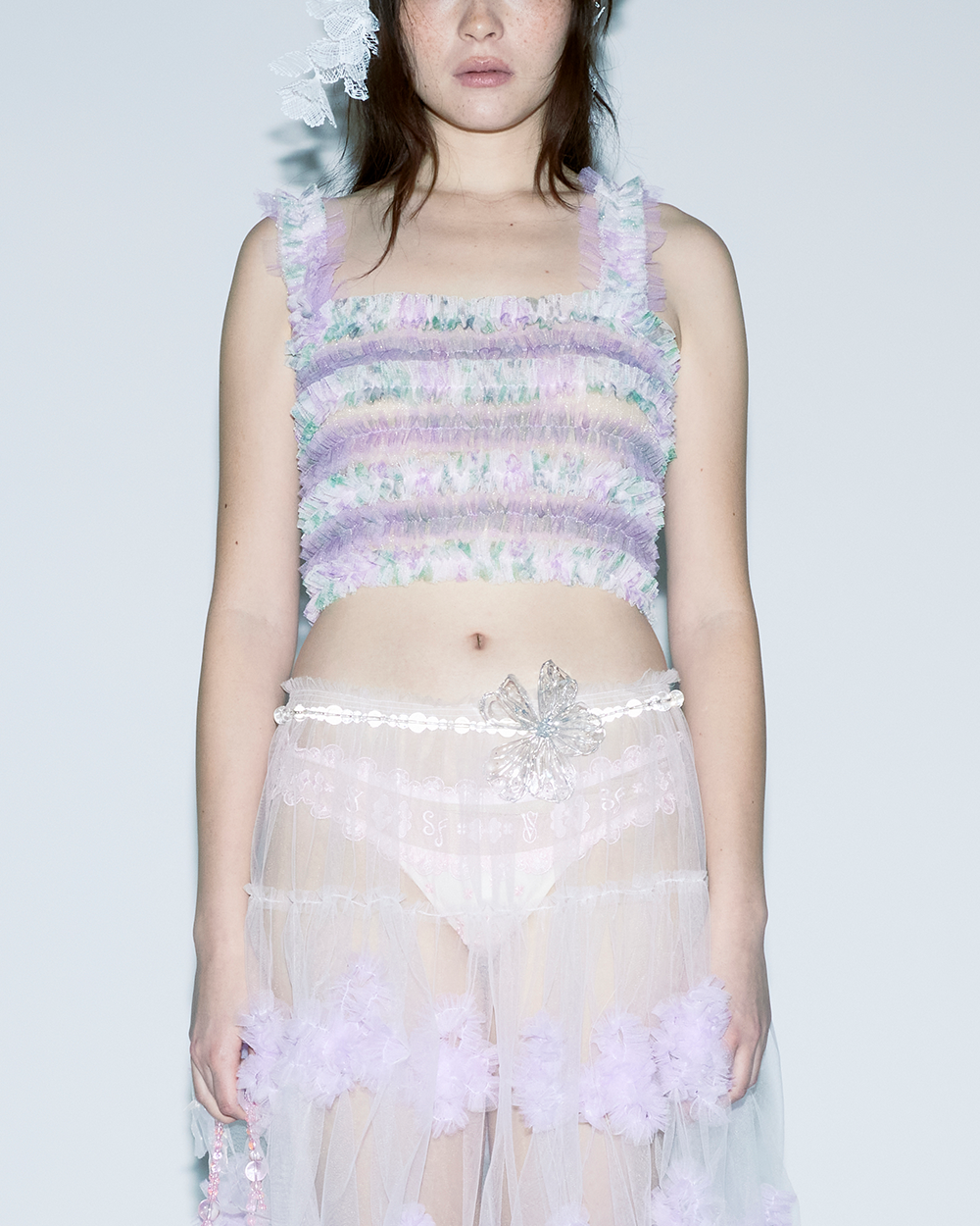 SHIRRED TULLE   GATHERED PURPLE AND FLORAL PRINTED PATTERNS HIGH-WAIST CUT VEST TOP