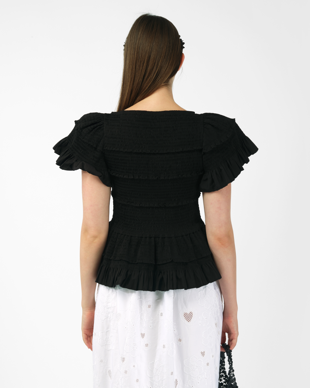 BLACK WOMEN LADY SMOCKED SHORT SLEEVE PEPLUM BLOUSE TOP