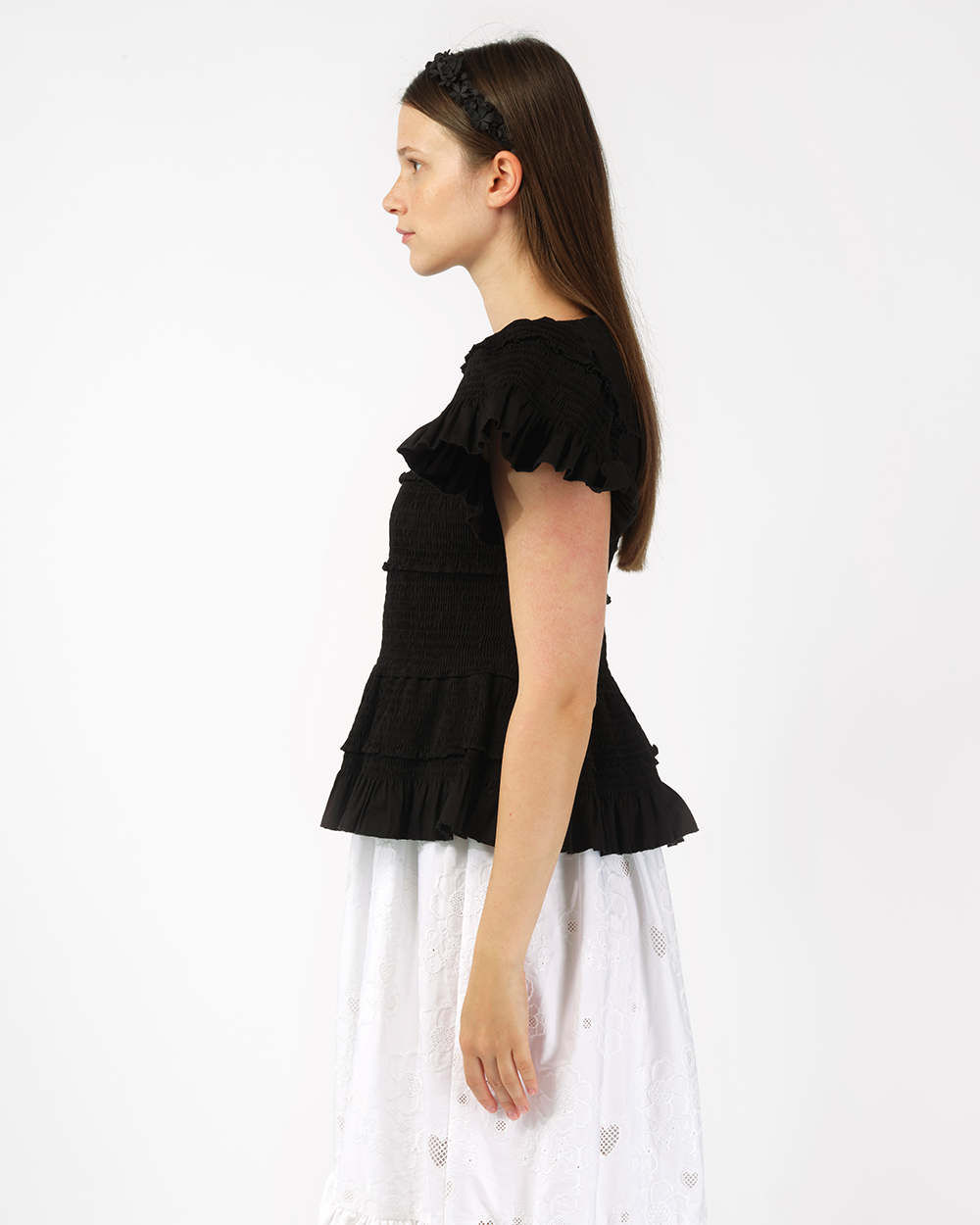 BLACK WOMEN LADY SMOCKED SHORT SLEEVE PEPLUM BLOUSE TOP