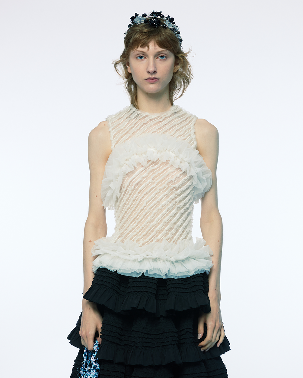 SMOCKED RUFFLE ORGANZA SHEER SLEEVELESS WOMEN BLOUSE