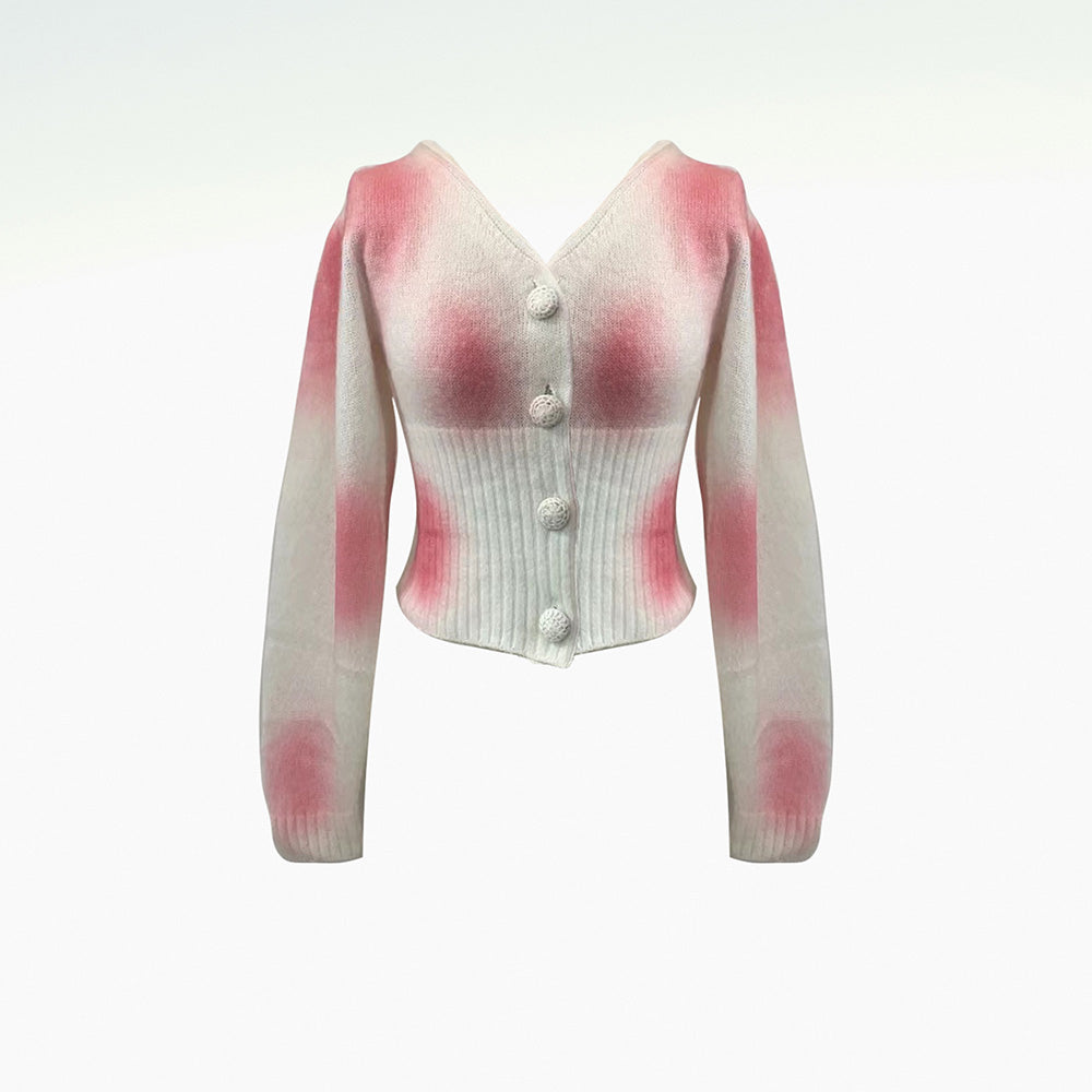 WOMEN LONG SLEEVE STYLE SPRAY KNITTED CASHMENRE BLOUSE WHITE PINK CARDIGAN