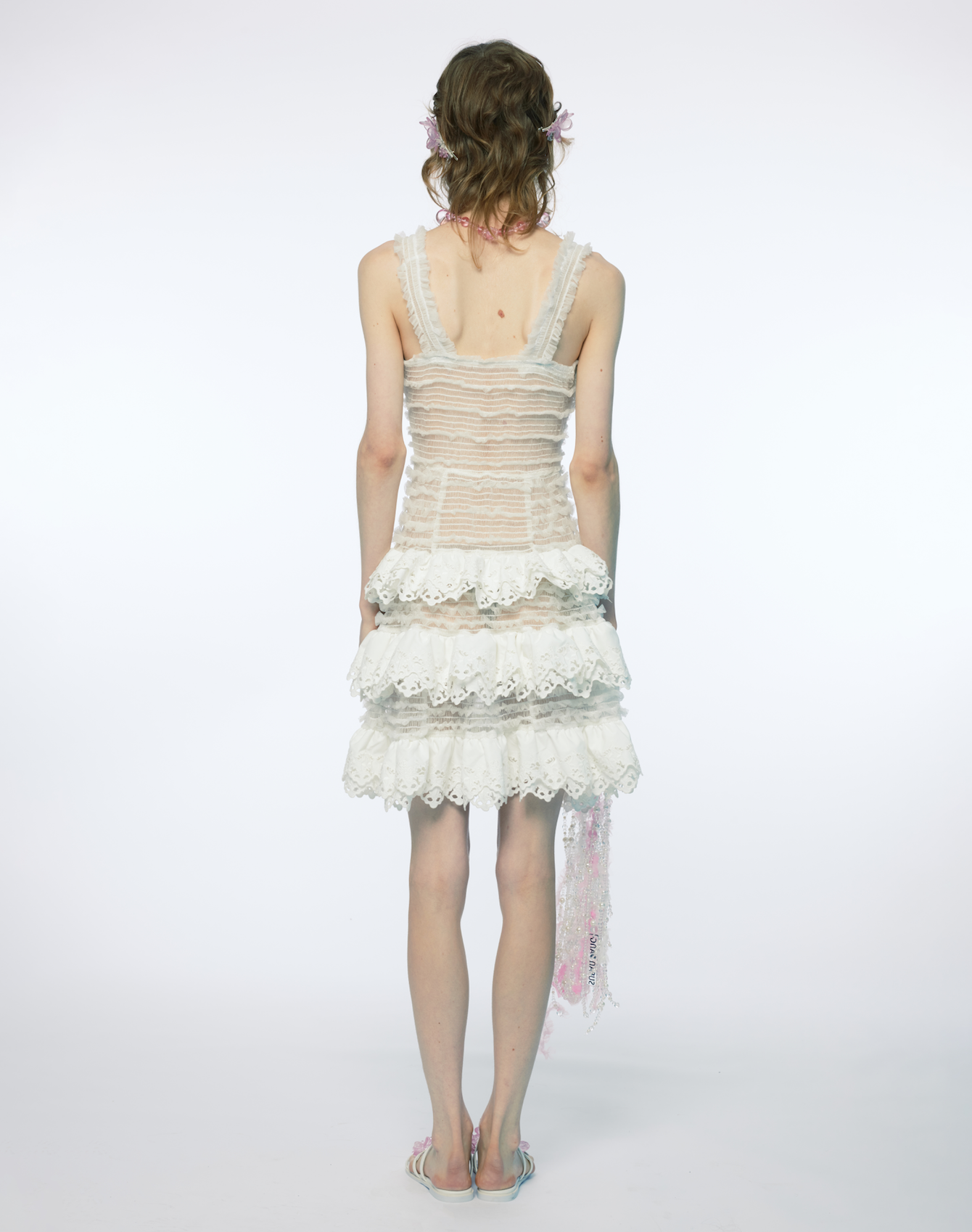 CREAM STRAPPY SMOKED EMBROIDERED RUFFLE ORGANZA DRESS