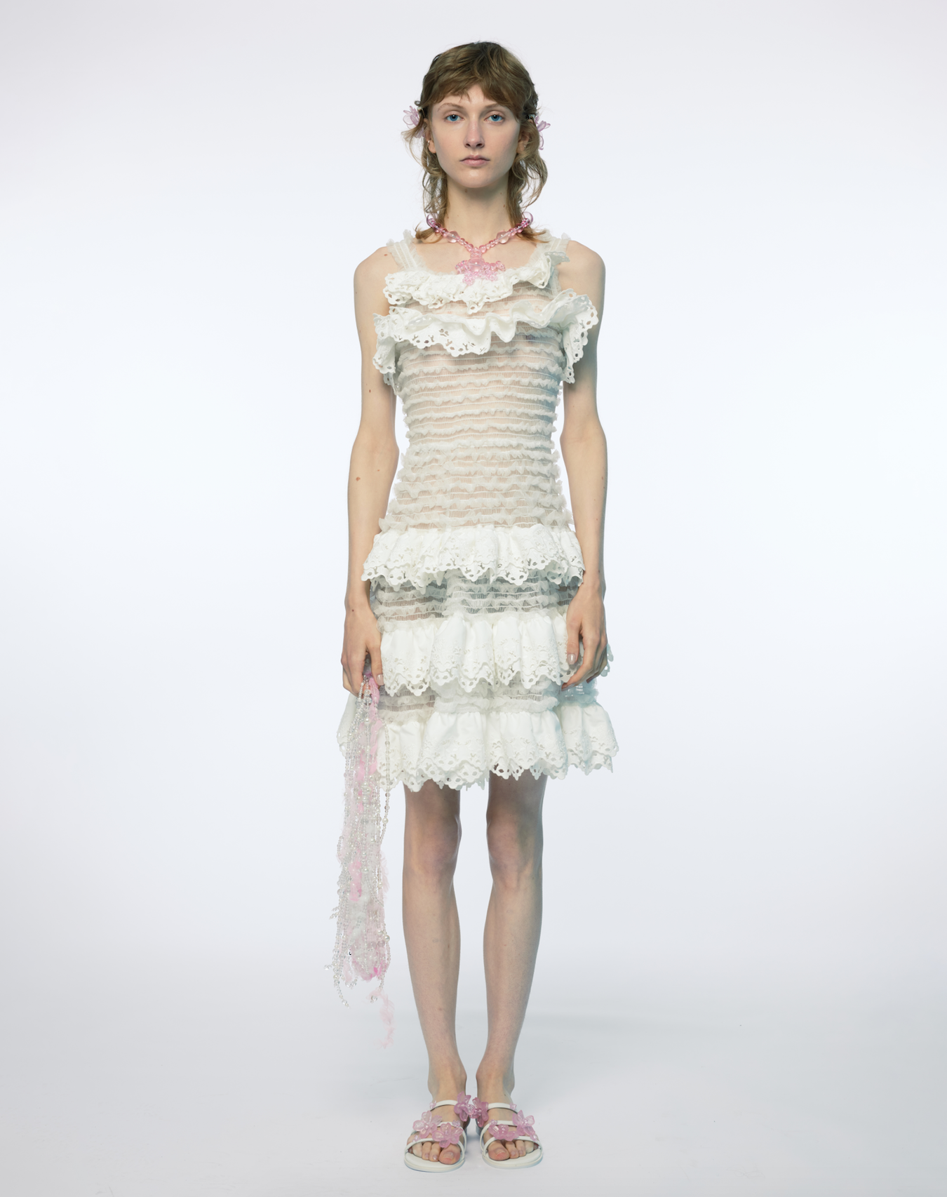 CREAM STRAPPY SMOKED EMBROIDERED RUFFLE ORGANZA DRESS