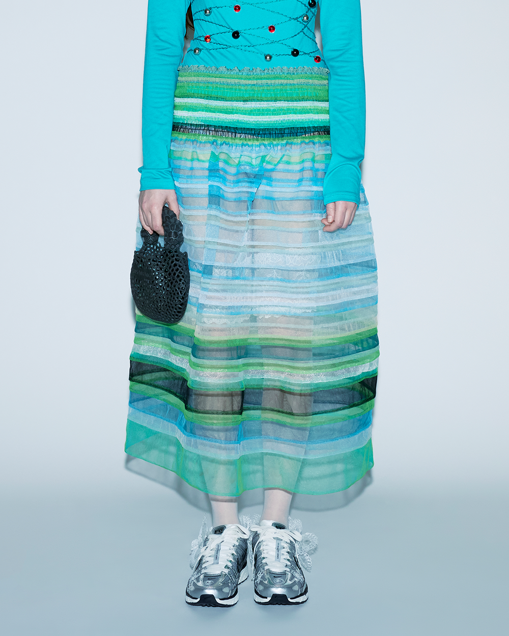 GREEN MULTI COLOURED STRIPE PATTERNS SMOCKED MAXI SKIRT