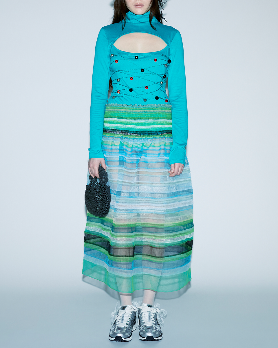 GREEN MULTI COLOURED STRIPE PATTERNS SMOCKED MAXI SKIRT