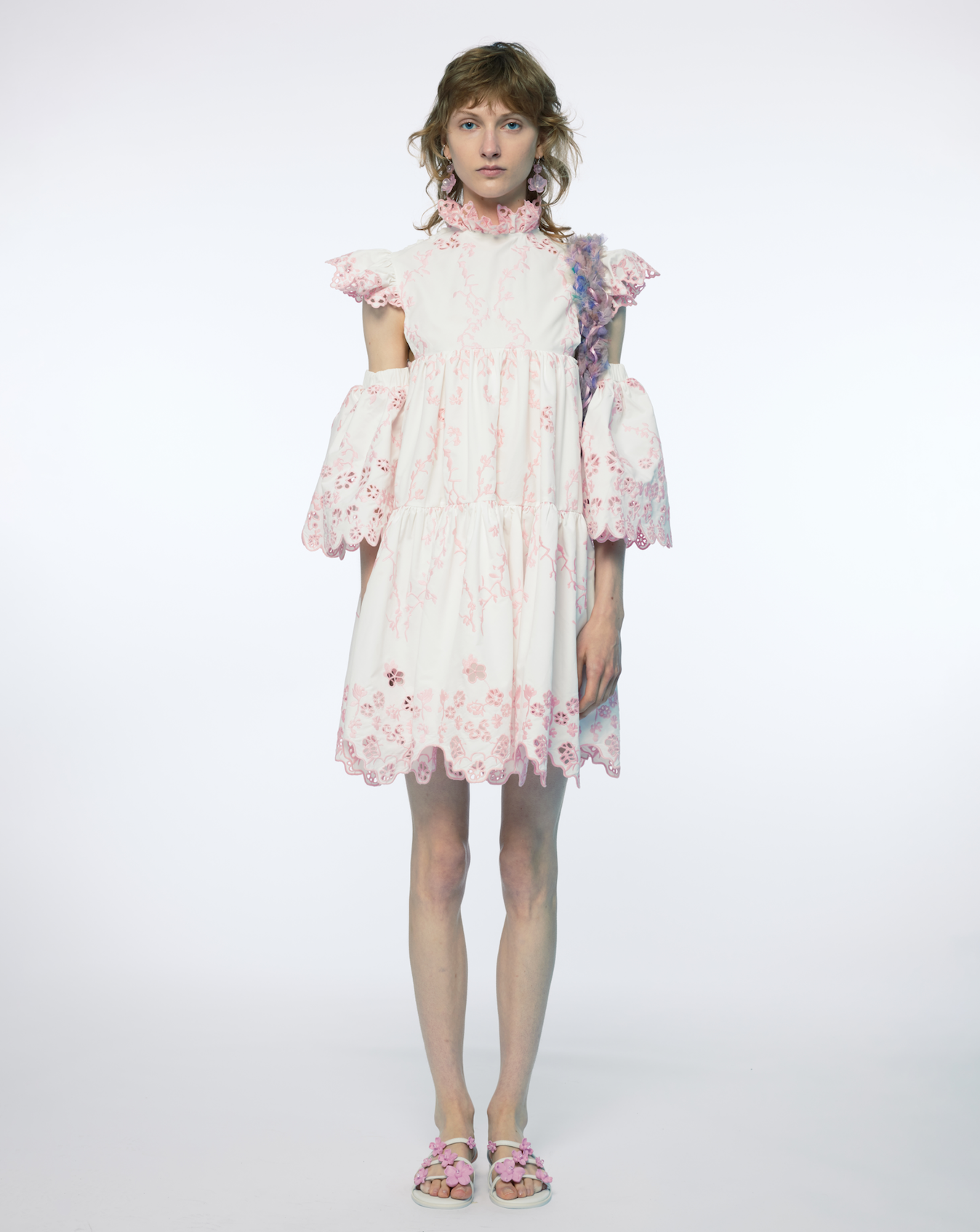 DETACHABLE SLEEVE BRODERIE ANGLAISE MINI DRESS