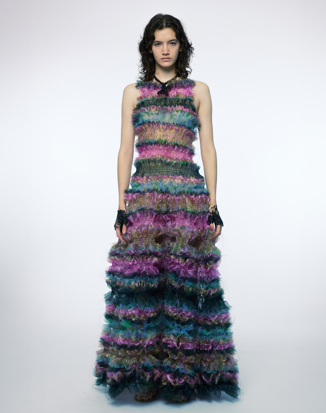 SMOKED PRINTED TULLE TIERED MAXI DRESS