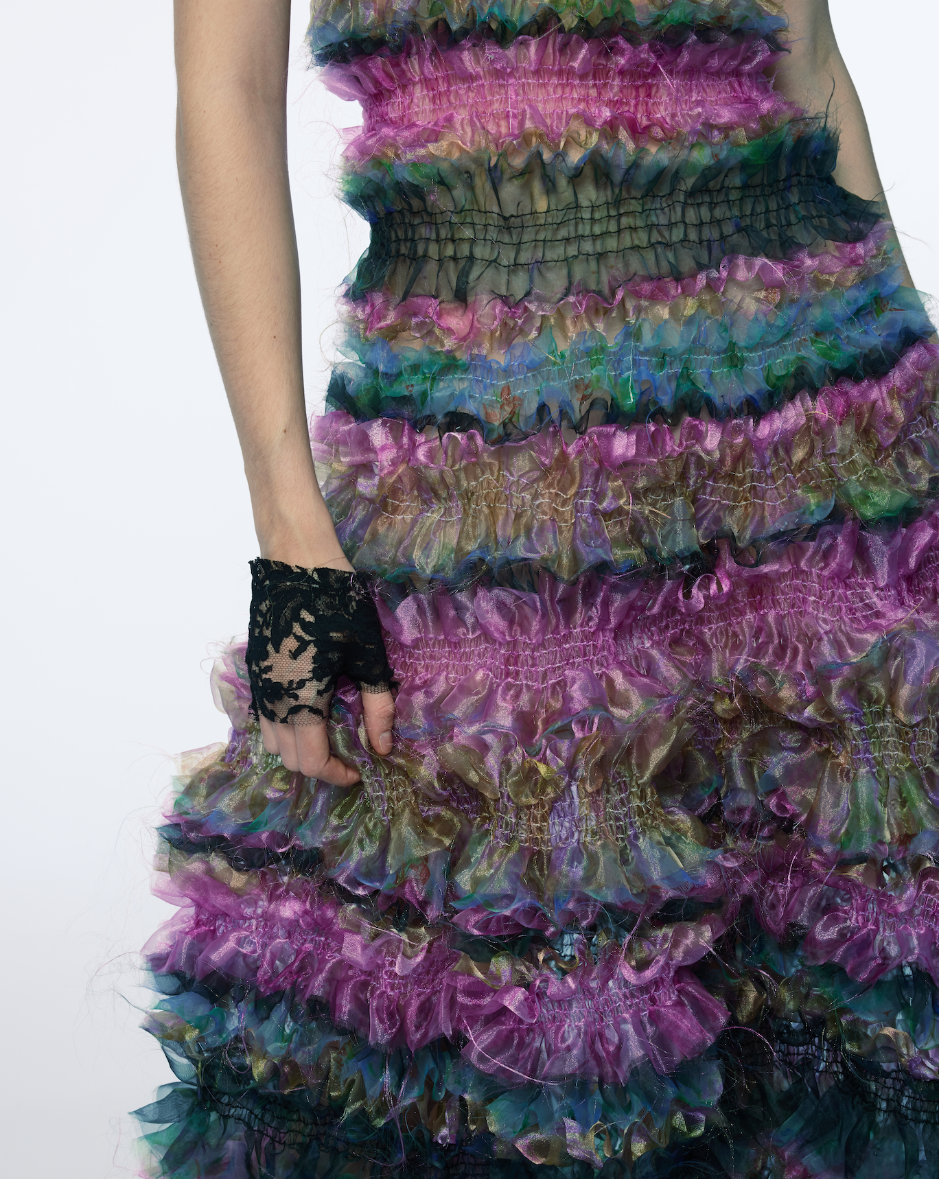 SMOKED PRINTED TULLE TIERED MAXI DRESS