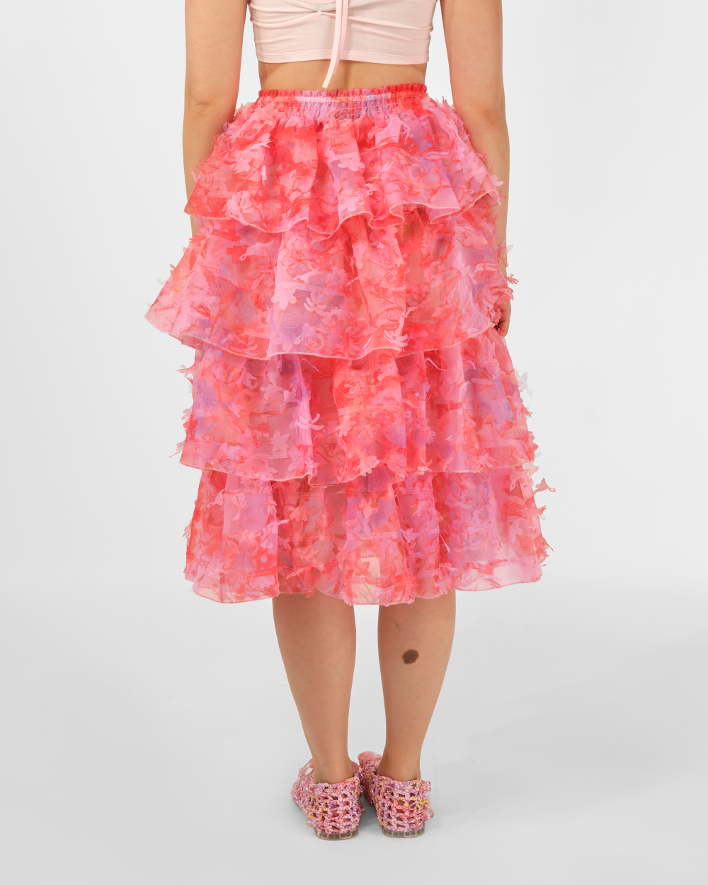 PINK WOMEN TIERED LASER-CUT MIDI LONG RUFFLE SKIRT 