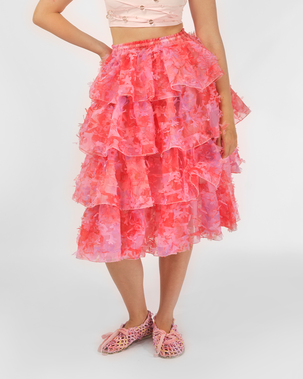 PINK WOMEN TIERED LASER-CUT MIDI LONG RUFFLE SKIRT