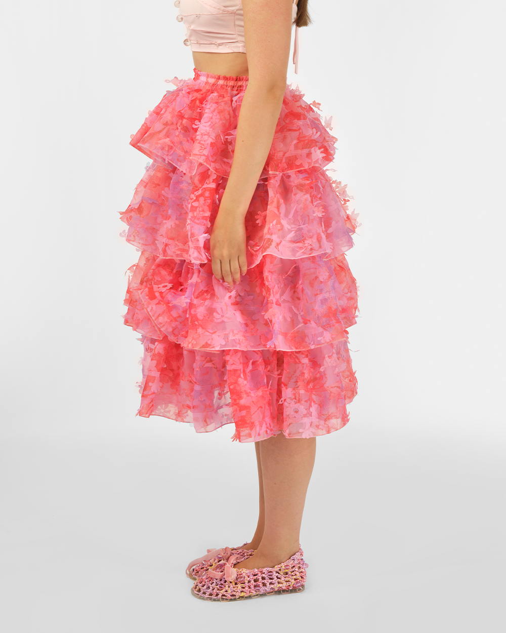 PINK WOMEN TIERED LASER-CUT MIDI LONG RUFFLE SKIRT