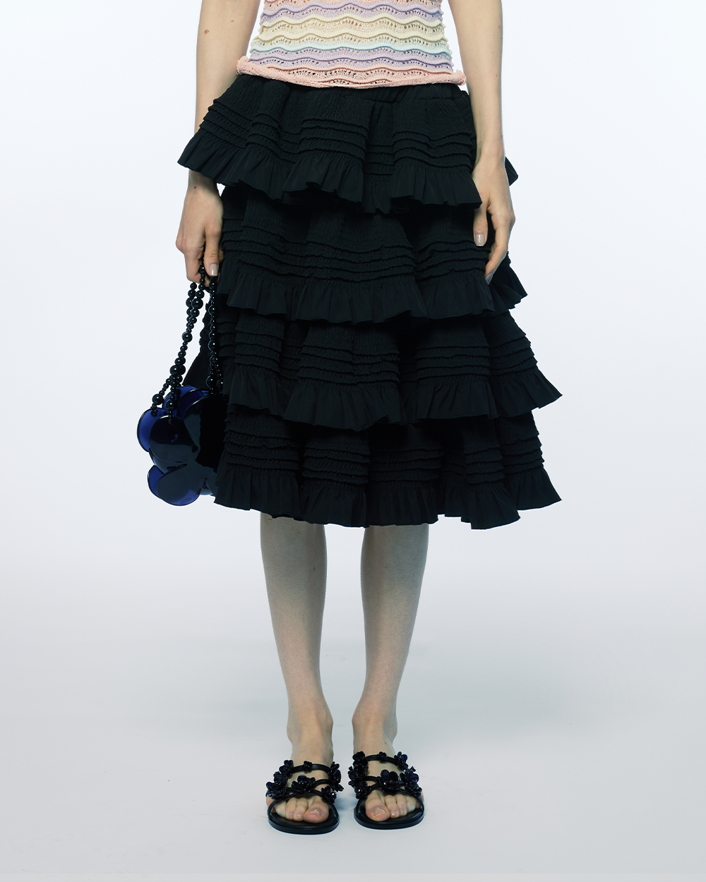 BLACK TIERED RUFFLE COTTON MIDI WOMEN SKIRT