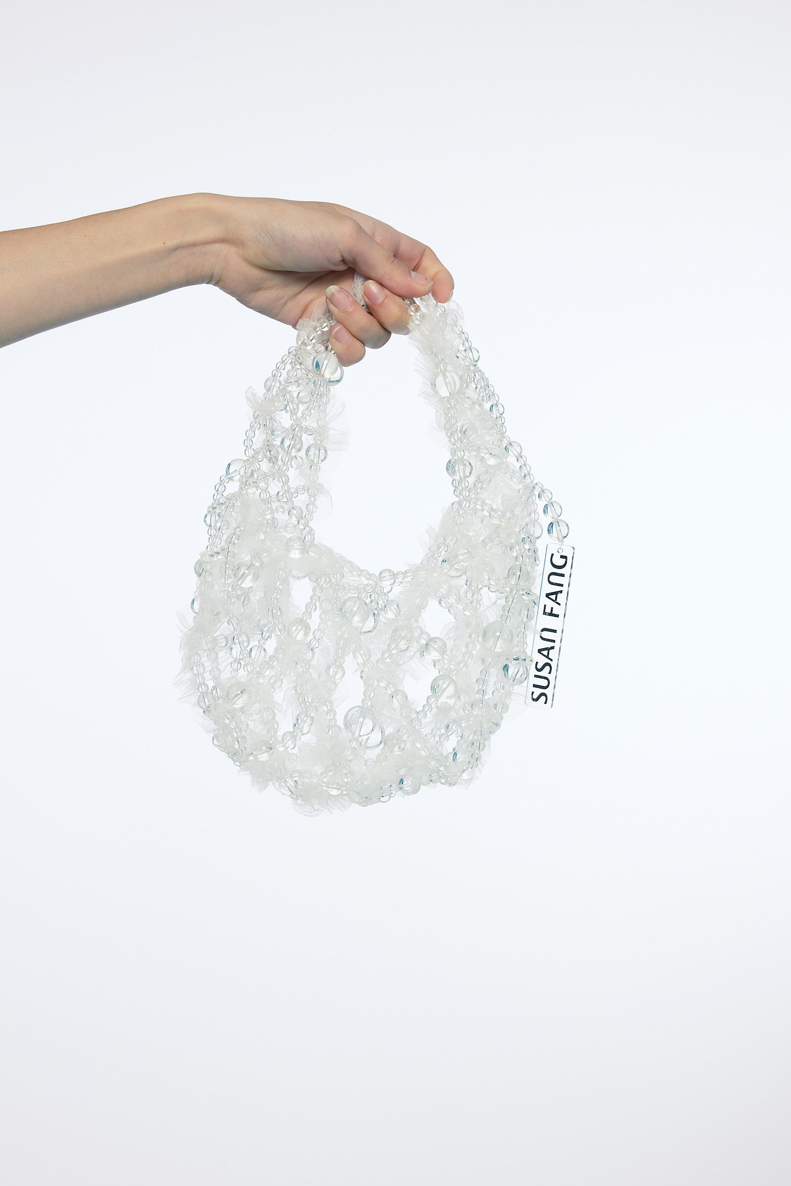 WOMEN GIRL WHITE CLEAR TULLE BEADED HANDBAG KOREAN ASIAN STYLE DESIGN