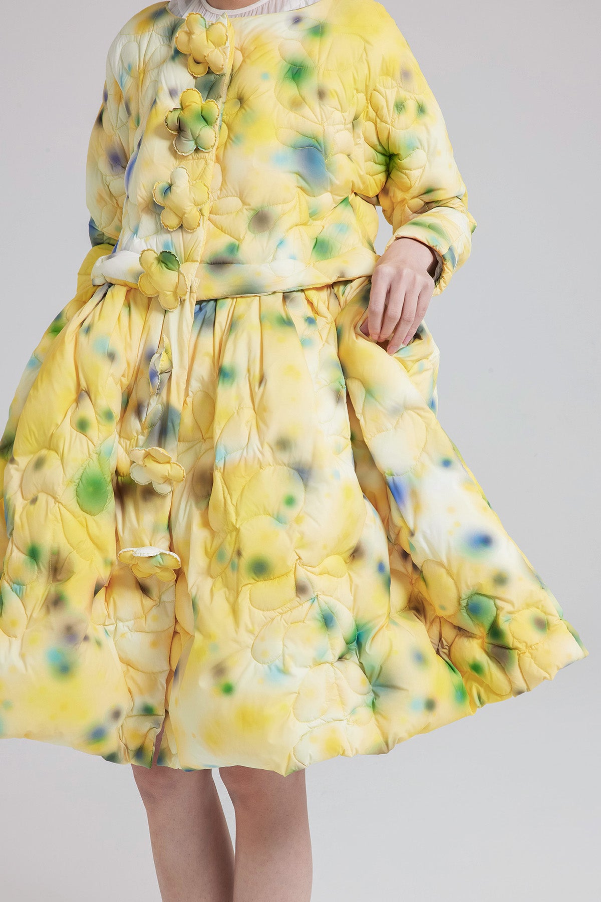 Printed Flower Button Puffer Skirt