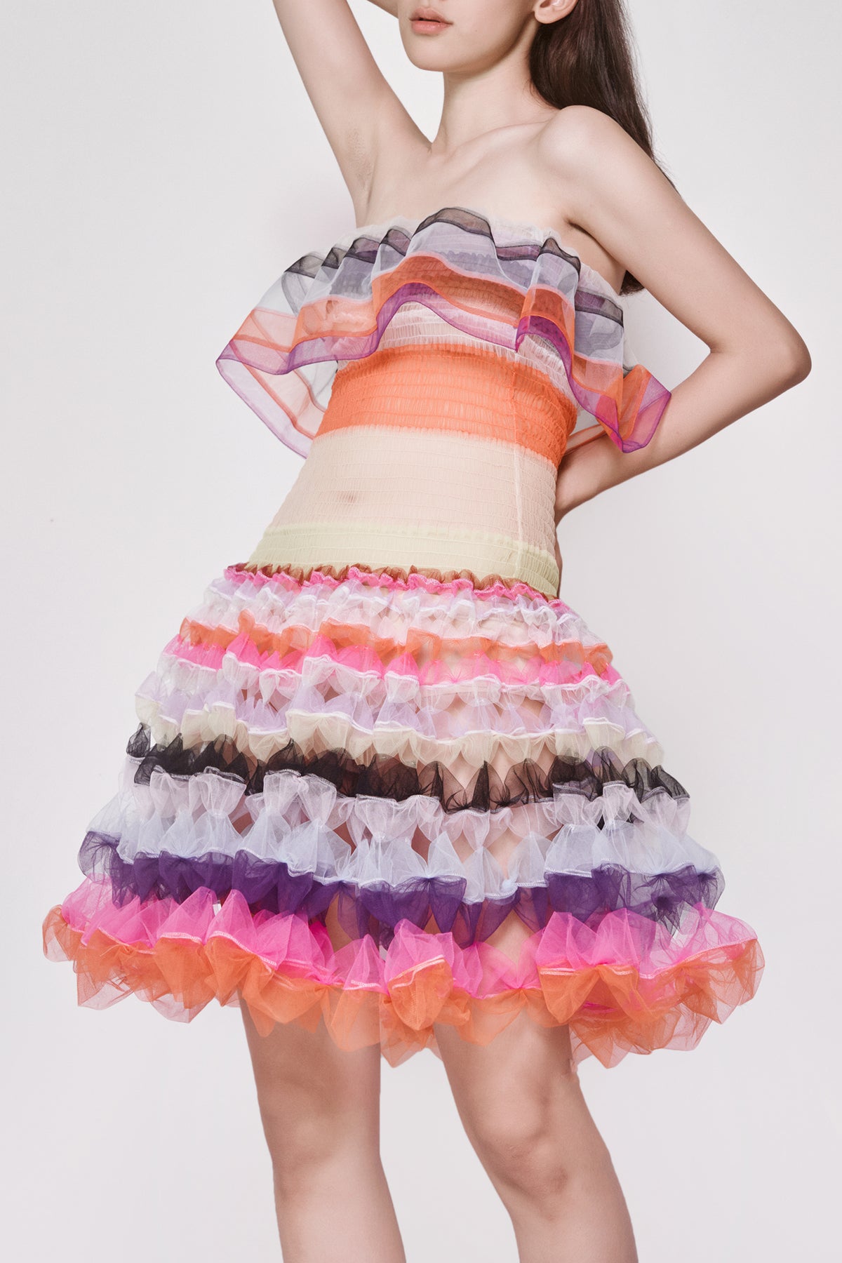 Multi Colour Air-Ribbon Shirred Mini Dress