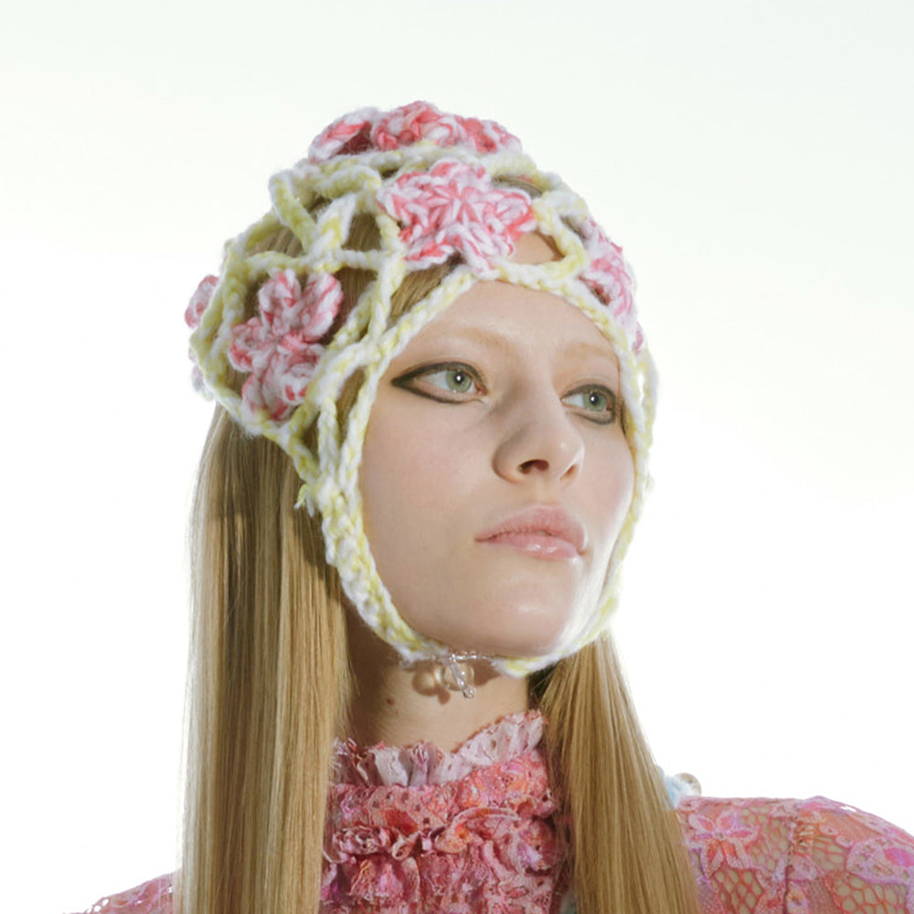 FLOWER BONNET YELLOW PINK WOMEN HEAD GARMENT