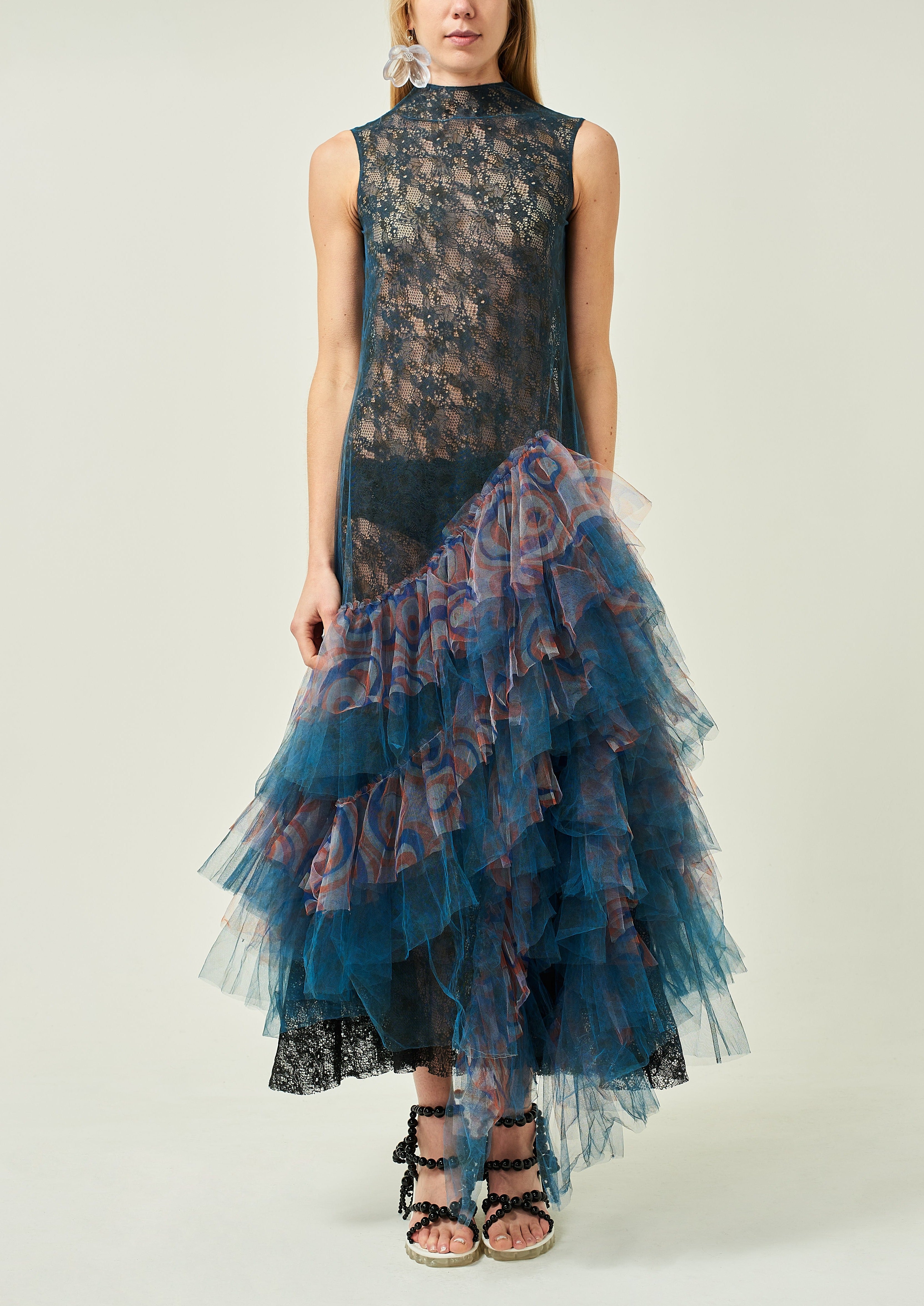 FRILLED LACE EVENING DRESS