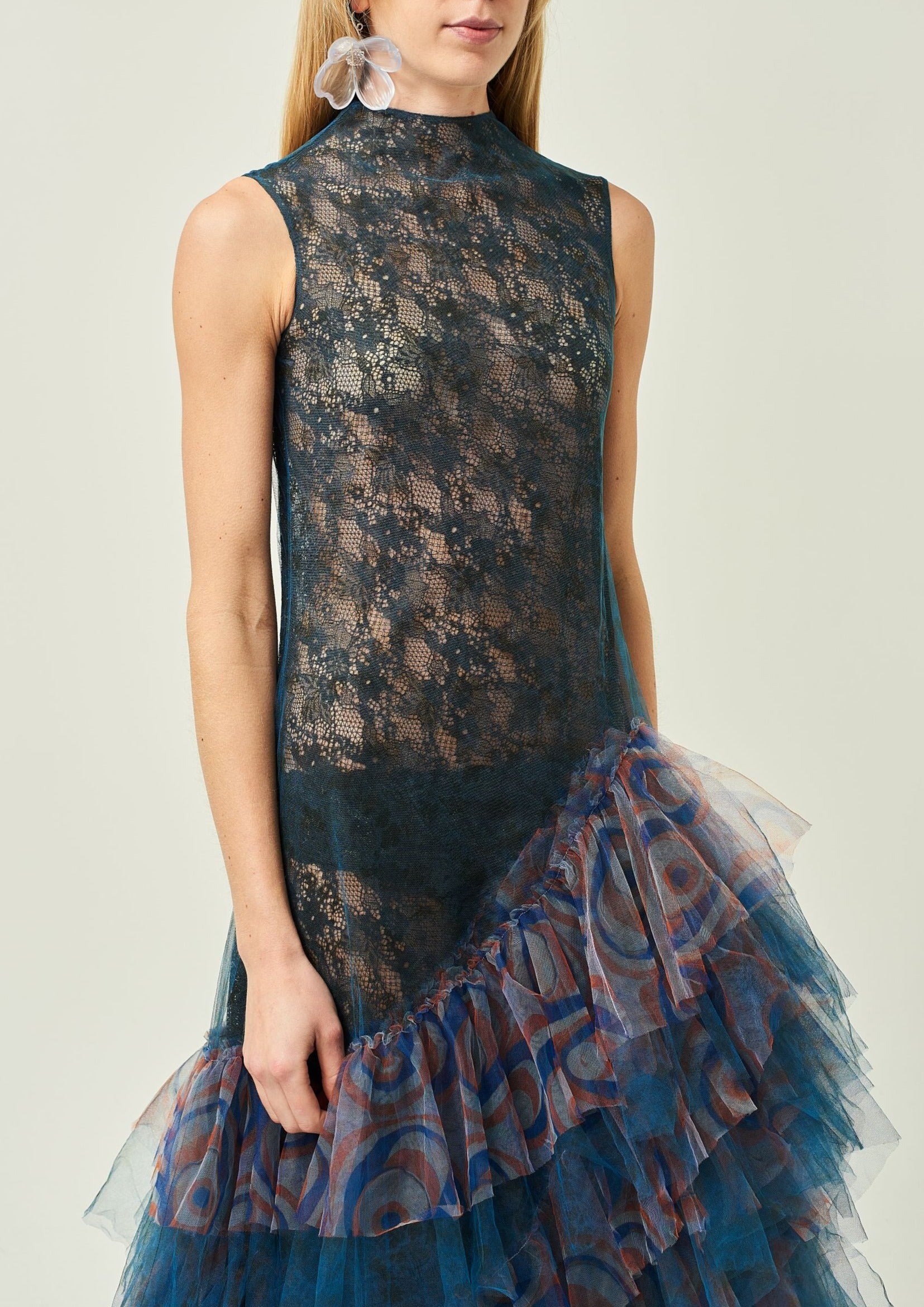 FRILLED LACE EVENING DRESS