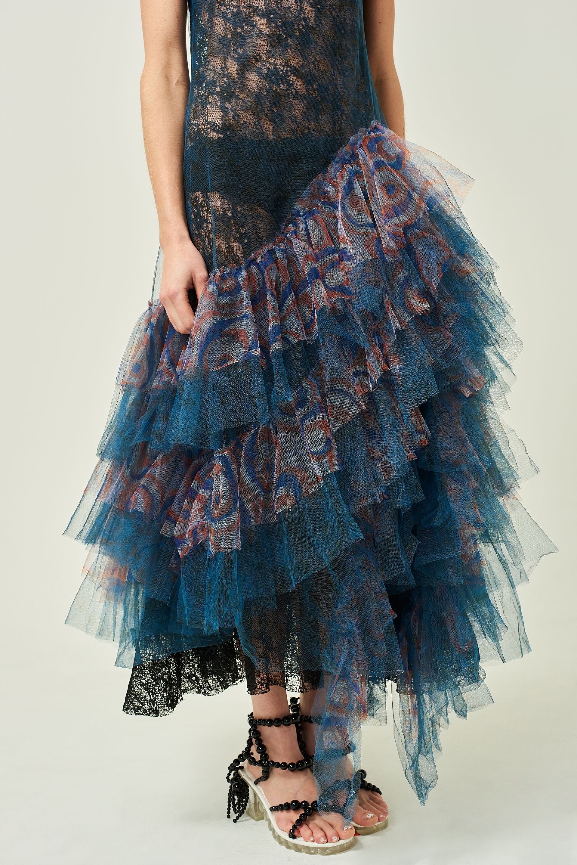 FRILLED LACE EVENING DRESS