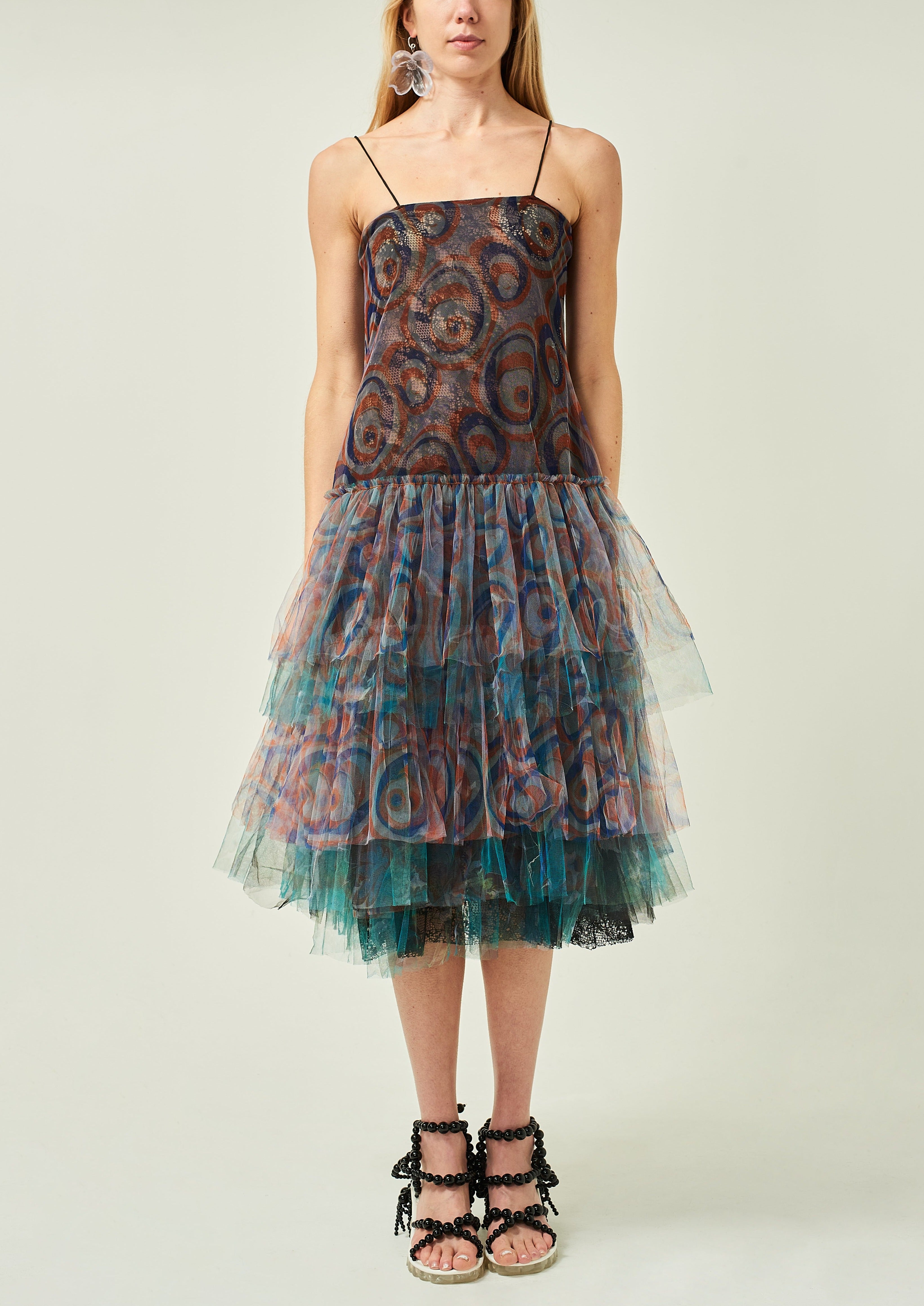 PRINTED MIDI FRILL DRESS