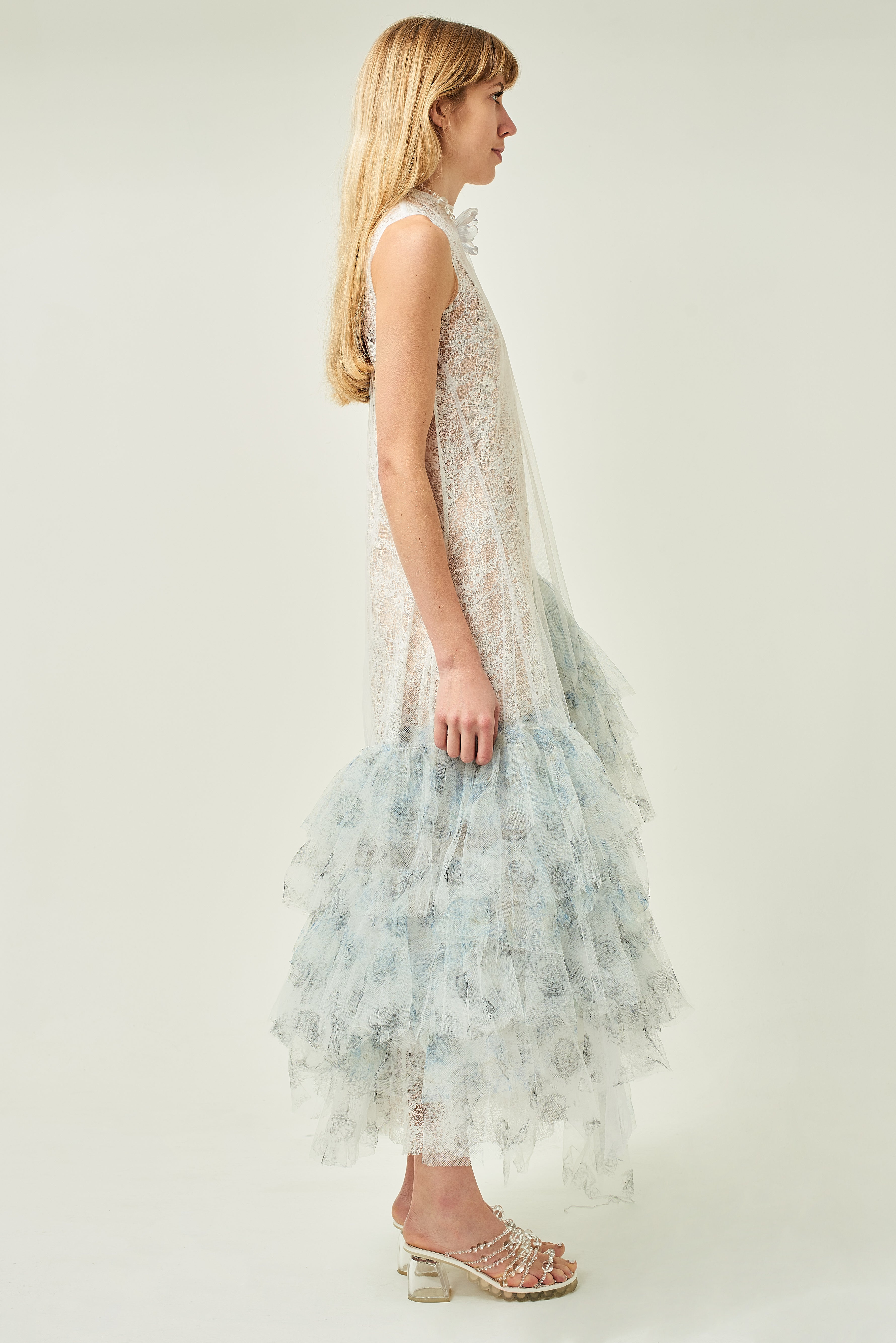 FRILLED LACE EVENING DRESS